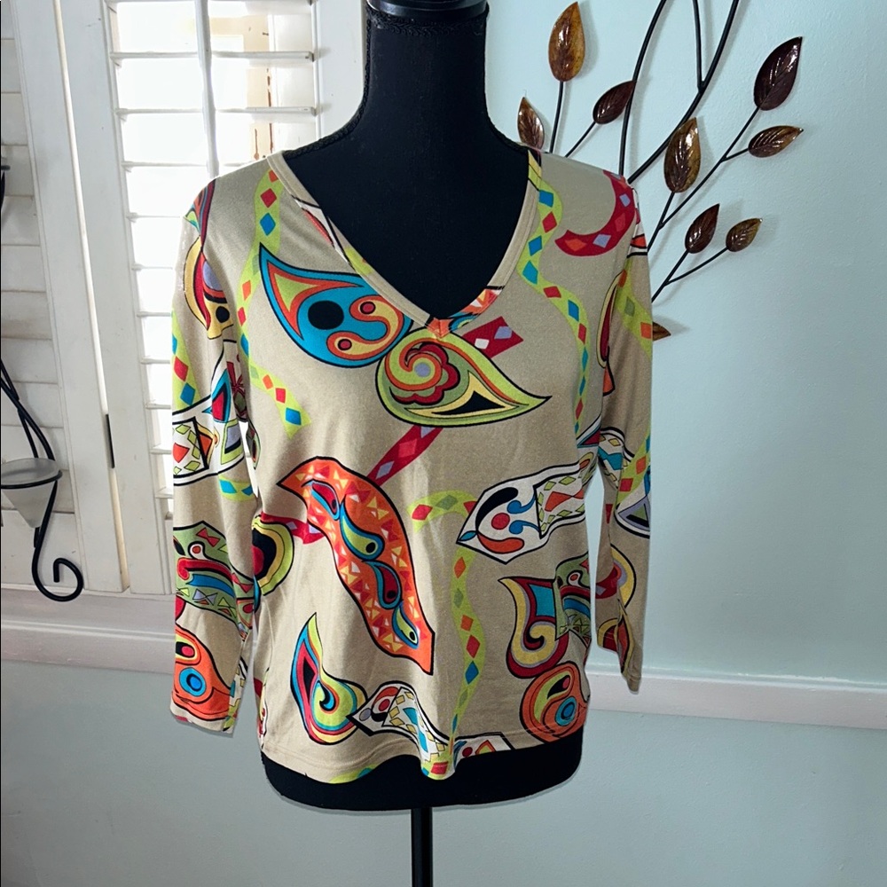 Acorn Silk Cotton Blend Top with Multicolor Design - Picture 1 of 5